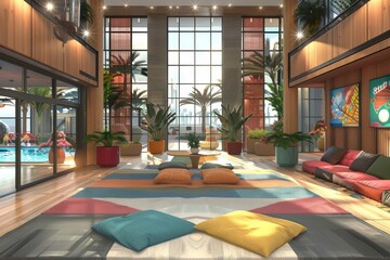 Recreation center flat design front view leisure activities theme Tetradic color scheme