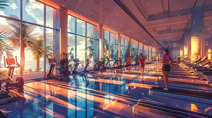 Sleek Modern Fitness Facility with Panoramic Views and Diverse Exercisers