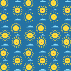 Cartoon sun pattern summer sunny day with clouds background print for nursery kids wallpaper illustration