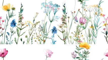 Beautiful seamless pattern featuring a variety of watercolor meadow wildflowers on a white background, perfect for textiles and wallpapers.