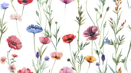 Vibrant seamless pattern featuring a variety of colorful watercolor wildflowers on a white background, ideal for textiles and wallpapers.
