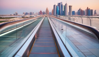 city skyline at sunset, escalator in the airport, beach pier, subway station, people walking on the pier, moving escalator in the airport, escalator in Doha’s Hamad International Airport.