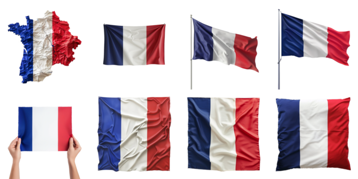 Set of France nation flag png mockup in 3d without backoground for decoration.