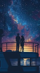 Romantic couple watching stars from the top deck of a cruise ship under a clear night sky