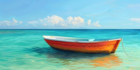 Naklejka premium Brightly painted skiff bobbing on clear turquoise Caribbean waters