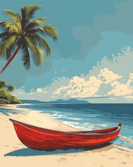 Handmade canoe resting on a sandy beach under tropical palm trees