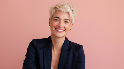 Portrait of woman with short pixie-cut platinum blonde hair, wearing chic navy blue blazer, grinning playfully against soft pastel backdrop.
