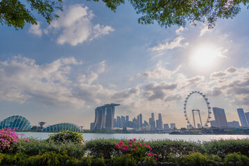 People exercising together in a city park at early evening, Singapore. The most beautiful Viewpoint...