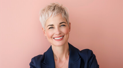 Portrait of woman with short pixie-cut platinum blonde hair, wearing chic navy blue blazer, grinning playfully against soft pastel backdrop.
