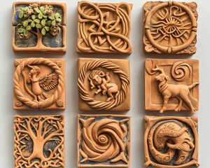 A collection of nine square tiles, each with a unique, intricate design carved into it.