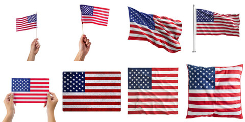 Set of America nation flag png mockup in 3d without backoground for decoration.