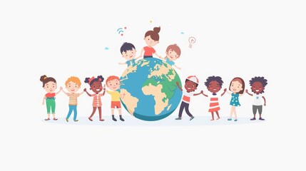 Fototapeta premium children's day background with cartoon children play together with earth copy space