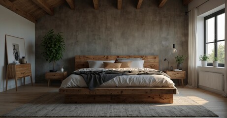 Experience Scandinavian loft living in this bedroom, with a rustic wooden bed against a white wall, providing a clean backdrop with space for personalization