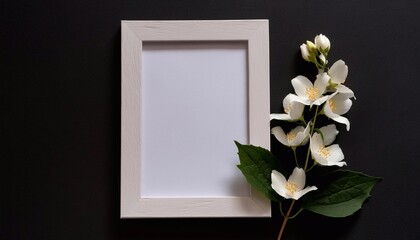 Blank white frame with jasmine flowers on dark background