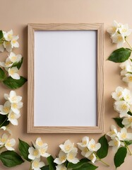 Blank wooden frame with white flowers on beige background