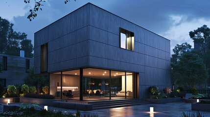Obraz premium Cubic house designed with slate grey panels and discreet lighting, perfect for an urban setting.