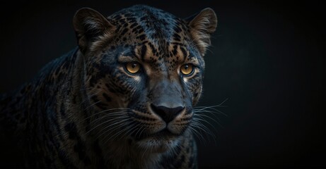 High-detail Front view of panther against dark background in predator series digital art.