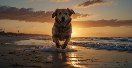 High-detail Sunset beach bliss with a golden retriever in full stride, racing towards the camera