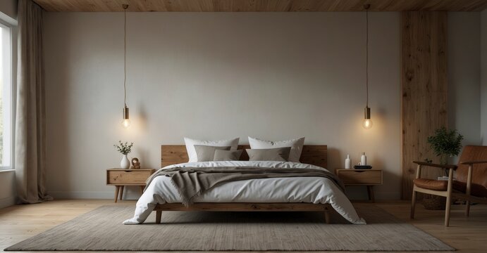 Relax in style in this Scandinavian-inspired bedroom, with a rustic wooden bed against a white wall, offering a serene ambiance and empty space for customization