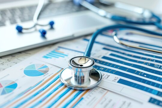 Stethoscope on financial and medical reports with laptop, highlighting data-driven healthcare decisions - Powered by Adobe