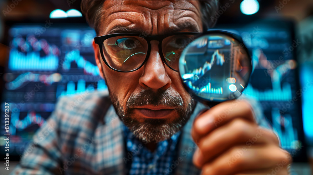 Poster focused analyst examining financial data through a magnifying glass, showcasing a moment of intense 