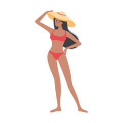 Beautiful tanned girl in swimsuit and hat standing. Woman relaxing and sunbathing. Summer vacation, holiday, travel, leisure.