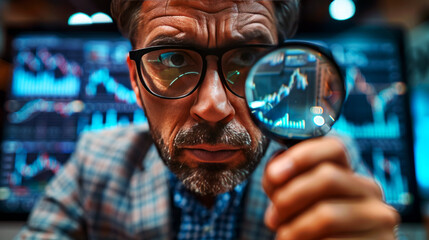 Focused analyst examining financial data through a magnifying glass, showcasing a moment of intense scrutiny and discovery in a high-tech environment