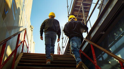 Two workers in hard hats ascending stairs with dynamic city reflections, portraying progress and teamwork in the construction industry