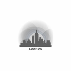 Luanda cityscape skyline city panorama vector flat logo, modern icon. Angola capital landmarks and building silhouettes, isolated clipart at sunset, sunrise, night grey