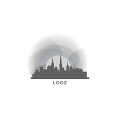 Obraz premium Lodz cityscape skyline city panorama vector flat logo, modern icon. Poland town landmarks and building silhouettes, isolated clipart at sunset, sunrise, night grey