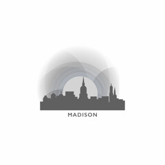 Fototapeta premium Madison, Wisconsin state cityscape skyline panorama vector flat logo, modern icon. USA, America city landmarks and building silhouettes, isolated clipart at sunset, sunrise, night grey