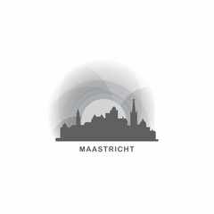 Obraz premium Maastricht cityscape skyline city panorama vector flat logo, modern icon. Holland, Netherlands town landmarks and building silhouettes, isolated clipart at sunset, sunrise, night grey