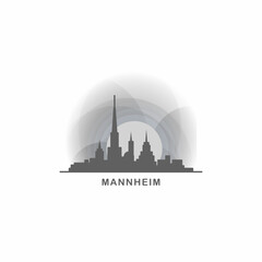 Fototapeta premium Mannheim cityscape skyline city panorama vector flat logo, modern icon. Germany landmarks and building silhouettes, isolated clipart at sunset, sunrise, night grey