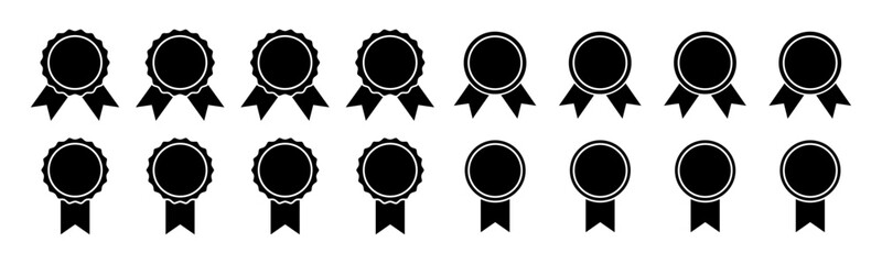 Premium medal vector icon set in black color. Achievement label winner prize competition. Set of medal award ribbon badge. Set of ribbon and banner set in black color.	