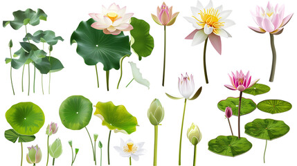 Set of aquatic flowers including water lilies, lotus, and papyrus blooms, isolated on transparent background