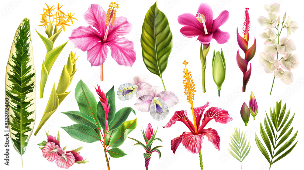 Wall mural set of rainforest flowers including heliconia, passion flower, and hibiscus, isolated on transparent