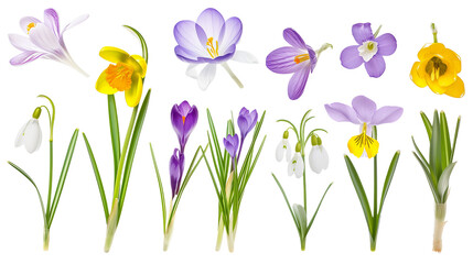 Set of early spring flowers including crocus, snowdrop, and primrose, isolated on transparent background