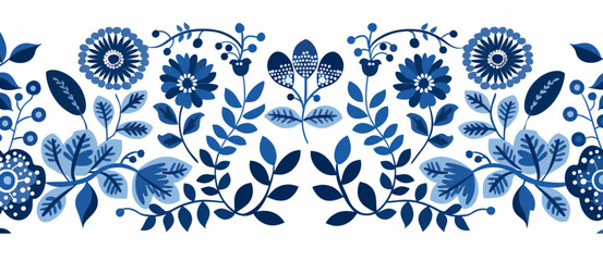 
Scandinavian folk art border with traditional floral and bird patterns in blue on white background,