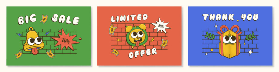 Set flyers with trendy Groovy sale promo characters of bell, alarm clock, gift box with lettering Big Sale, Limited Offer, Thank You. Vector design banner in comic style with dot Halftone texture