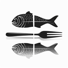 
set of black vector icons, iconography for fish steak restaurant with sashimi and fresh salmon fillet on white background