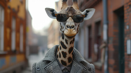 Graceful giraffe strolls through city streets in tailored splendor, epitomizing street style. - obrazy, fototapety, plakaty