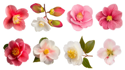 Set of winter blooms including camellia, hellebore, and witch hazel, isolated on transparent background