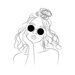 Beautyfull girl face. Attractive young woman portrait female beauty concept. Continuous one line drawing. Black and white vector illustration