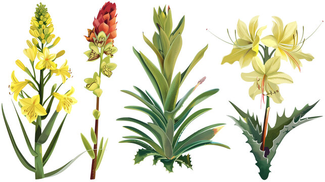 Set of drought tolerant flowers including agave, aloe, and yucca, isolated on transparent background