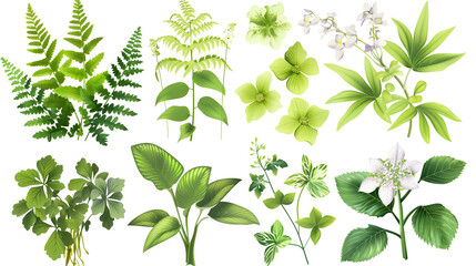 Set of shade garden blooms including ferns, hostas, and hellebores, isolated on transparent background