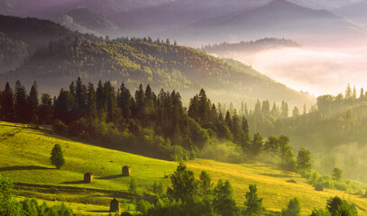 stunning autumn scene in mountains, autumn morning dawn, nature colorful background, Carpathians mountains, Ukraine, Europe