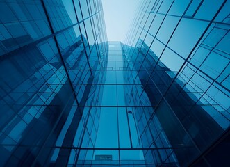 Blue glass building with reflection, closeup, modern architecture background
