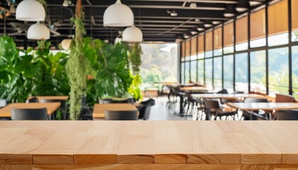 Café Culture Capture: Wood Table in a Hip Coffee Shop Interior - obrazy, fototapety, plakaty