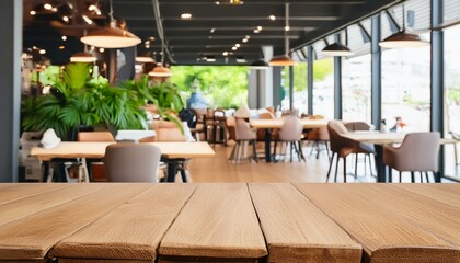 Cozy Café Ambiance: Wood Table Set in Stylish Restaurant Interior - obrazy, fototapety, plakaty