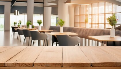 Coffee Shop Comfort: Wood Table in Contemporary Restaurant Setting - obrazy, fototapety, plakaty